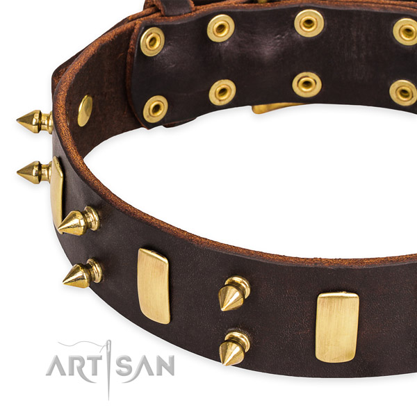 Easy to adjust leather dog collar with almost unbreakable non-rusting buckle