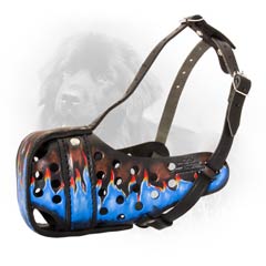 Leather Dog Muzzle with Blue Painting
