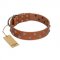 "Waltz of the Flowers" Handmade FDT Artisan Tan Leather Newfoundland Collar with Chrome-plated Engraved Studs