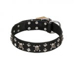 FDT Artisan 'Rock 'n' Roll Style' Fancy Leather Newfoundland Collar with Skulls, Bones and Studs 1 1/2 inch (40 mm) wide