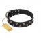 "Power-Flower" FDT Artisan Black Leather Newfoundland Collar with Two Rows of Silver-like Studs with Engraved Flowers