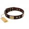"Middle Age" FDT Artisan Brown Leather Newfoundland Collar with Old Bronze-Plated Engraved Flowers and Large Plates