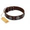 "Hypnotic Stones" FDT Artisan Brown Leather Newfoundland Collar with Chrome Plated Brooches and Square Studs