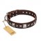 'Perfect Impression' FDT Artisan Newfoundland Brown Leather Dog Collar with Silvery Square Studs - 1 1/2 inch (40 mm) Wide