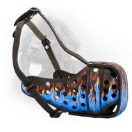 Leather Newfoundland Muzzle with Blue Fire Painting - Walking and Training