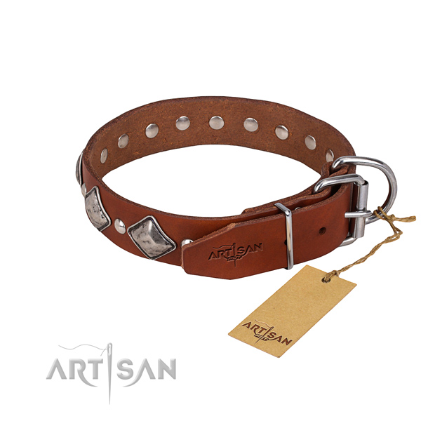 Tough leather dog collar with corrosion-resistant hardware