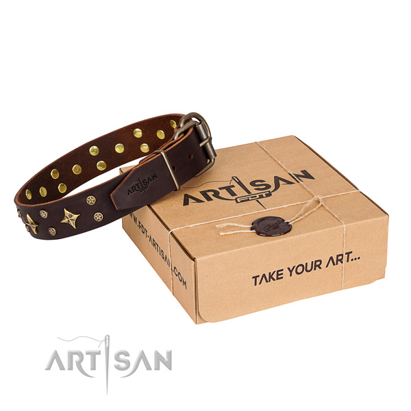 Decorated full grain leather dog collar for easy wearing