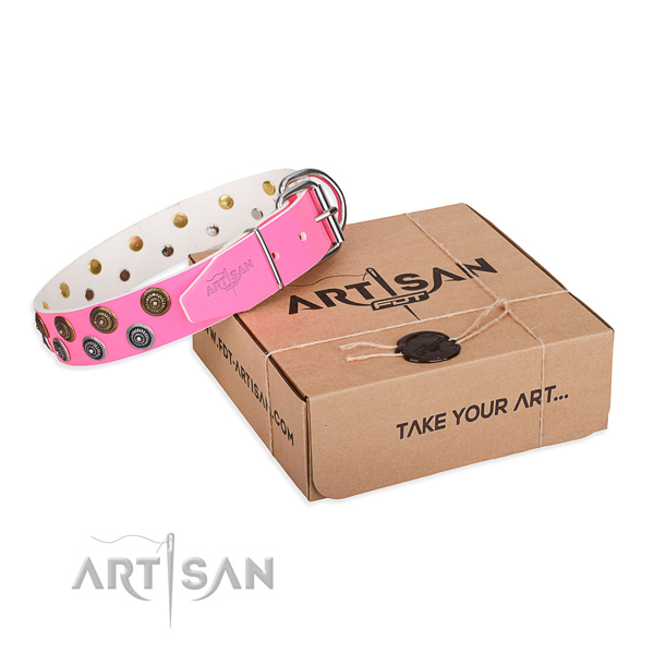 Embellished full grain genuine leather dog collar for handy use