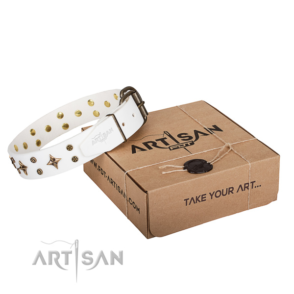 Decorated natural genuine leather dog collar for easy wearing