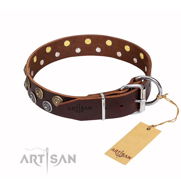 Handy use full grain leather collar with decorations for your pet