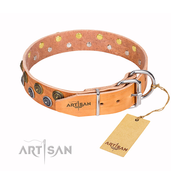Handy use full grain leather collar with decorations for your pet