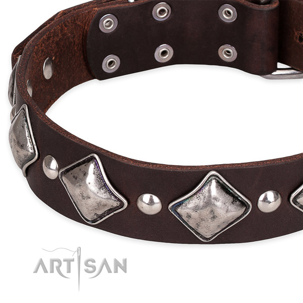 Snugly fitted leather dog collar with extra strong rust-proof hardware