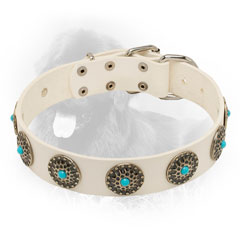 White Leather Newfoundland Collar with Handset Decorations
