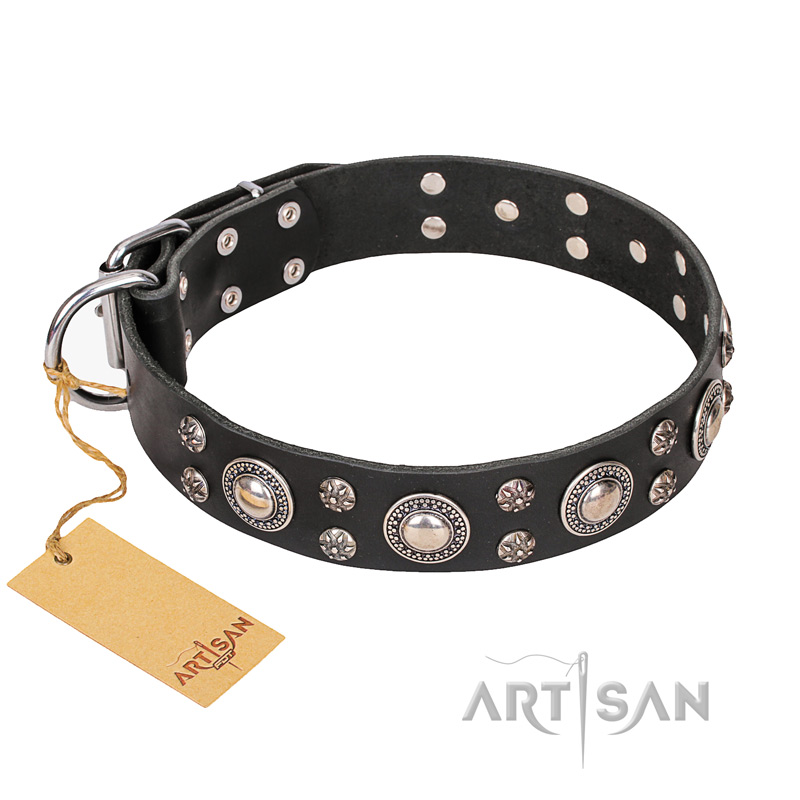 FDT Artisan 'Vintage Necklace' Studded Black Leather Newfoundland Dog Collar - 1 1/2 inch (40mm) wide - Click Image to Close