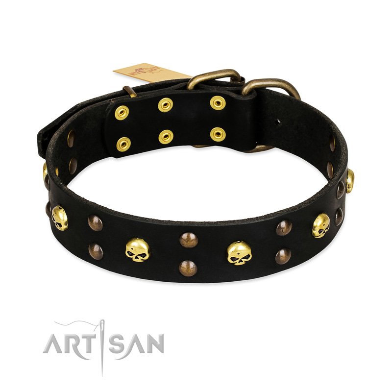 FDT Artisan 'Heavy Metal' Leather Newfoundland Collar with Skulls and Studs 1 1/2 inch (40 mm) - Click Image to Close