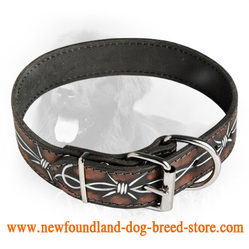 Newfoundland Handpainted Leather Collar with Barbed Wire Drawing