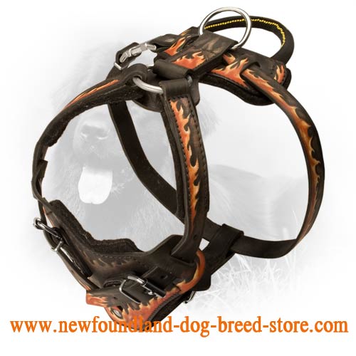 Handpainted Padded Leather Newfoundland Harness with Flames - Click Image to Close