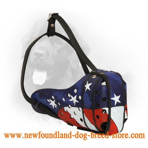Leather Newfoundland Muzzle with American Flag Painting - Walking and Training