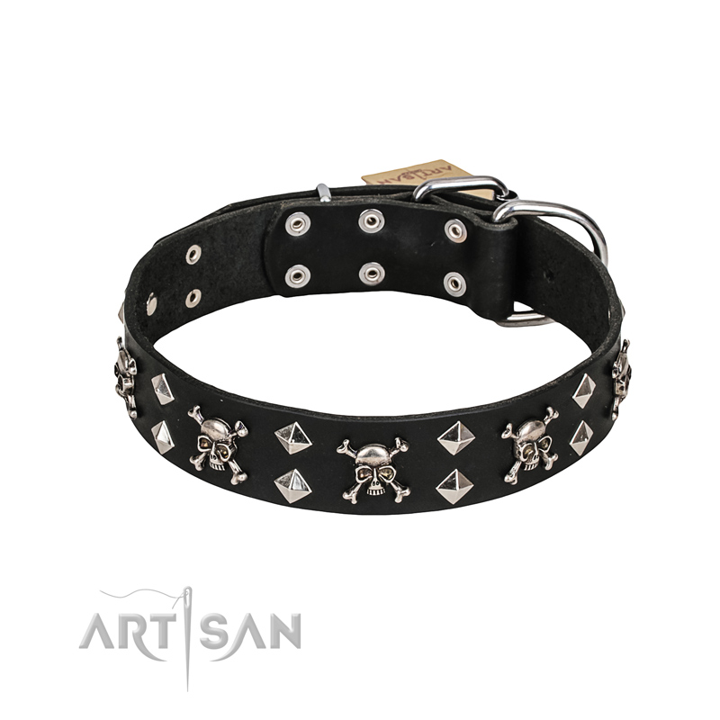 FDT Artisan 'Rock 'n' Roll Style' Fancy Leather Newfoundland Collar with Skulls, Bones and Studs 1 1/2 inch (40 mm) wide