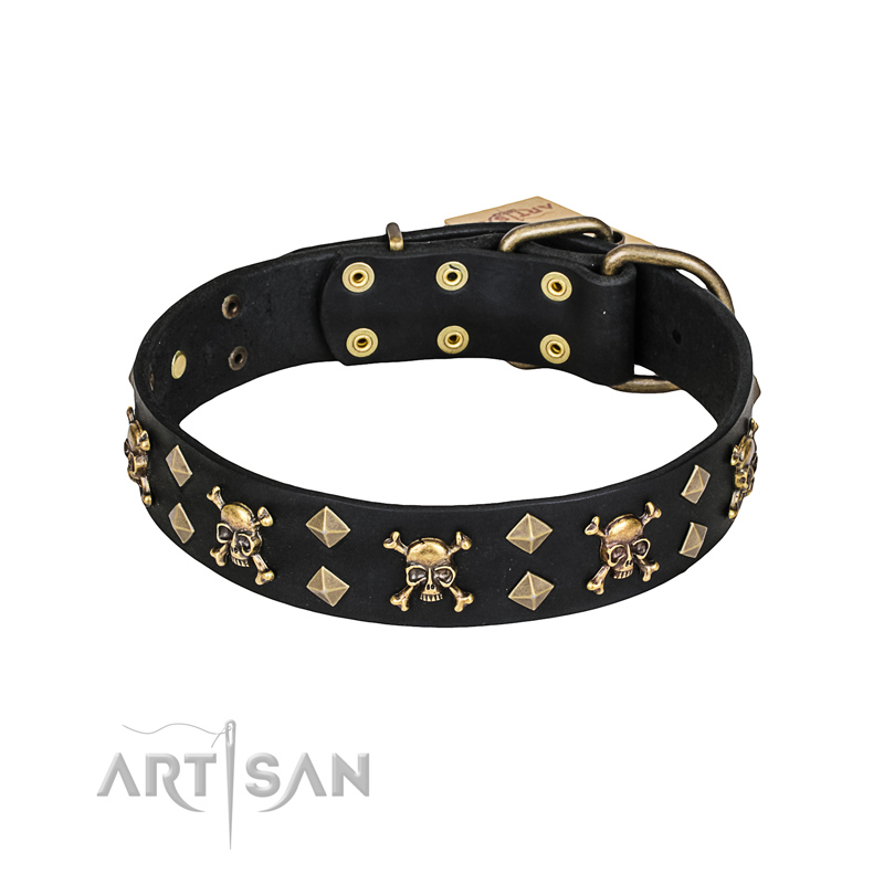 'Jolly Rojer' FDT Artisan Newfoundland Leather Dog Collar with Pirate Skulls and Studs - 1 1/2 inch (40 mm) wide