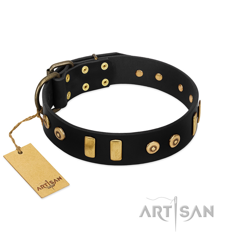 "Rare Dog" FDT Artisan Black Leather Newfoundland Collar with Old Bronze-like Dotted Studs and Tiles