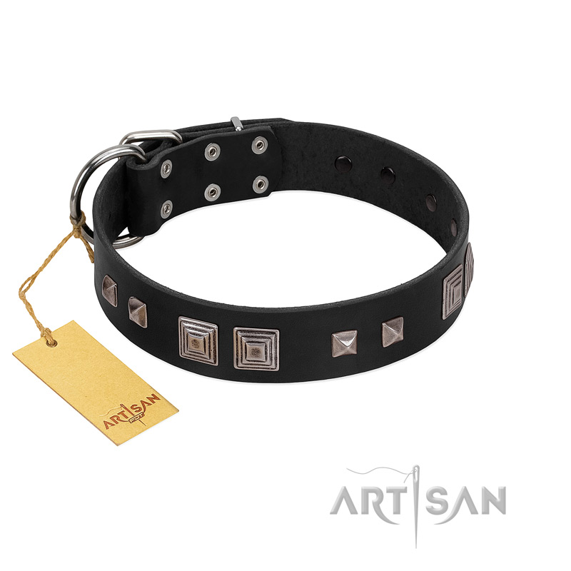 "Foregone Riches" FDT Artisan Black Leather Newfoundland Collar with Old Silver-like Square Studs and Pyramids