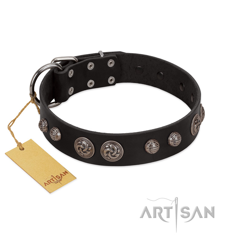 "Tricky Ricky" FDT Artisan Black Leather Newfoundland Collar Adorned with Silver-Like Conchos