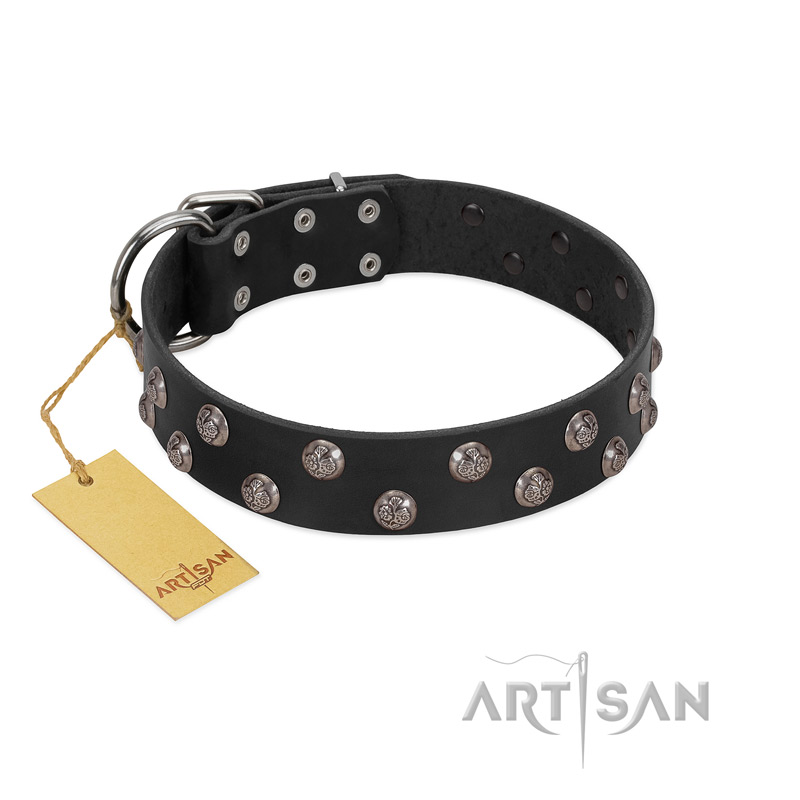 "Power-Flower" FDT Artisan Black Leather Newfoundland Collar with Two Rows of Silver-like Studs with Engraved Flowers
