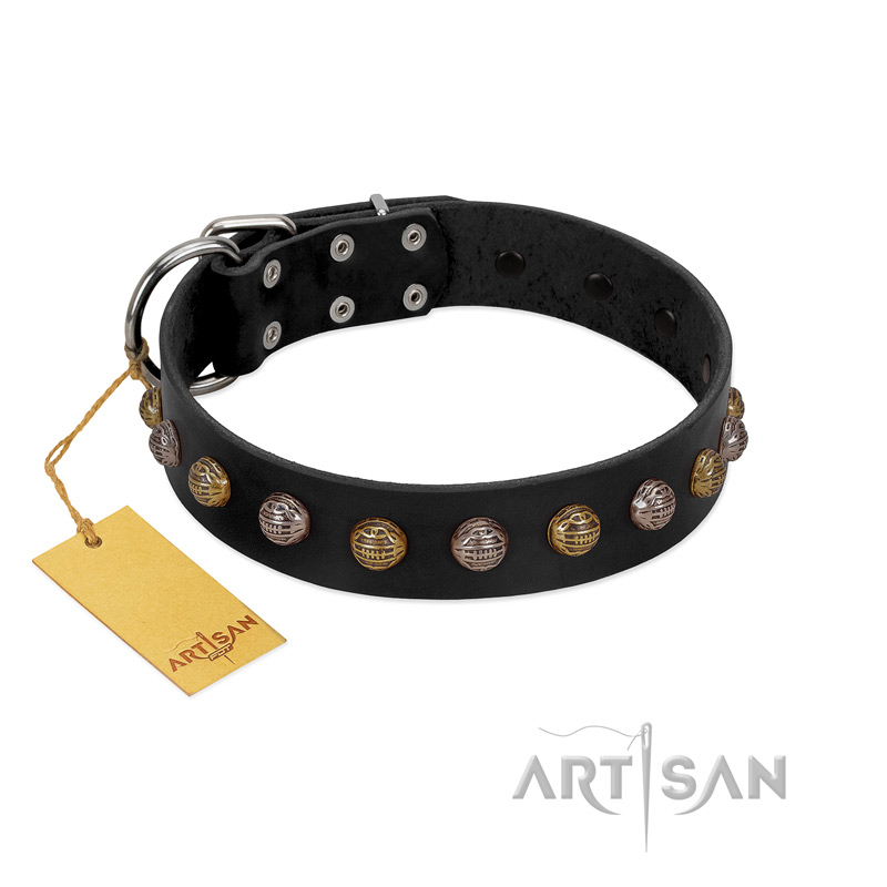 "Inky Prettification" FDT Artisan Black Leather Newfoundland Collar with One Row of Studs