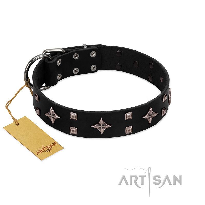 "Snappy Dresser" FDT Artisan Black Leather Newfoundland Collar Adorned with Stars and Tiny Squares