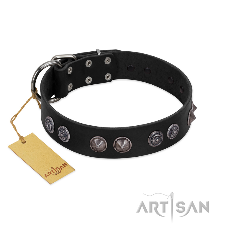 "Silver Medallions" Mod FDT Artisan Black Leather Newfoundland Collar with Round Plates