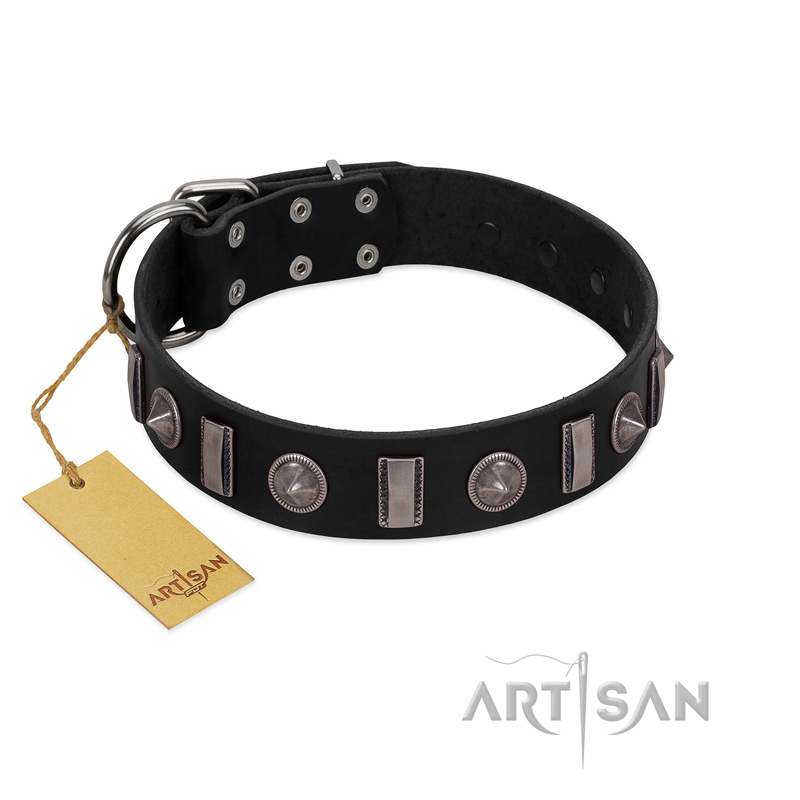 "Silver Spikes" Exclusive FDT Artisan Black Leather Newfoundland Collar