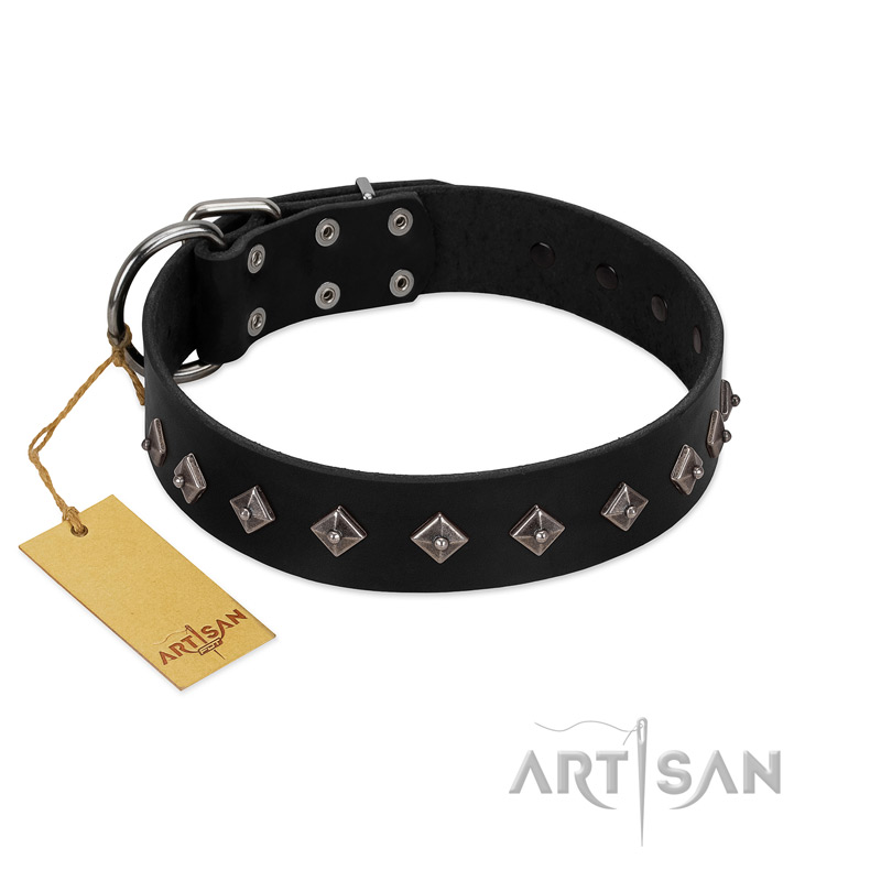 "Immense Power" Handcrafted FDT Artisan Black Leather Newfoundland Collar with Small Dotted Pyramids