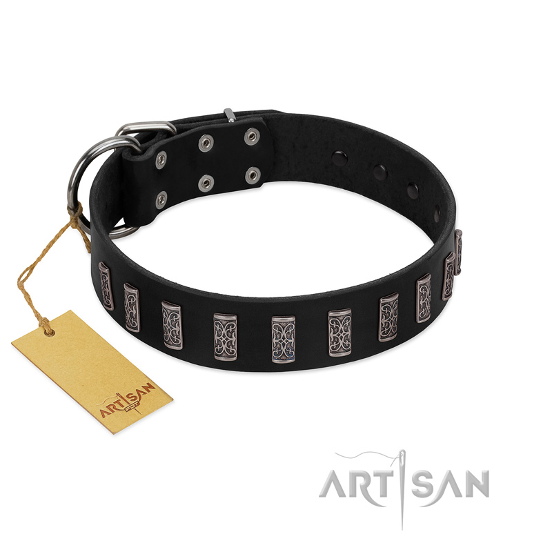 "Black Prince" Handmade FDT Artisan Black Leather Newfoundland Collar with Silver-Like Adornments