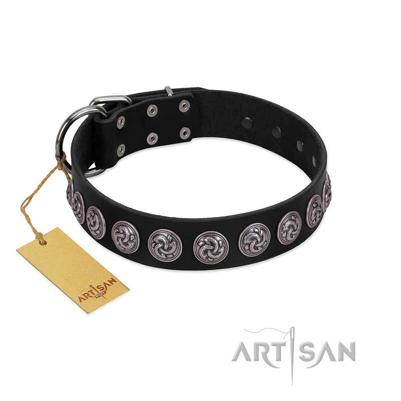 "Black Raven" Handmade FDT Artisan Black Leather Newfoundland Collar with Silver-Like Adornments
