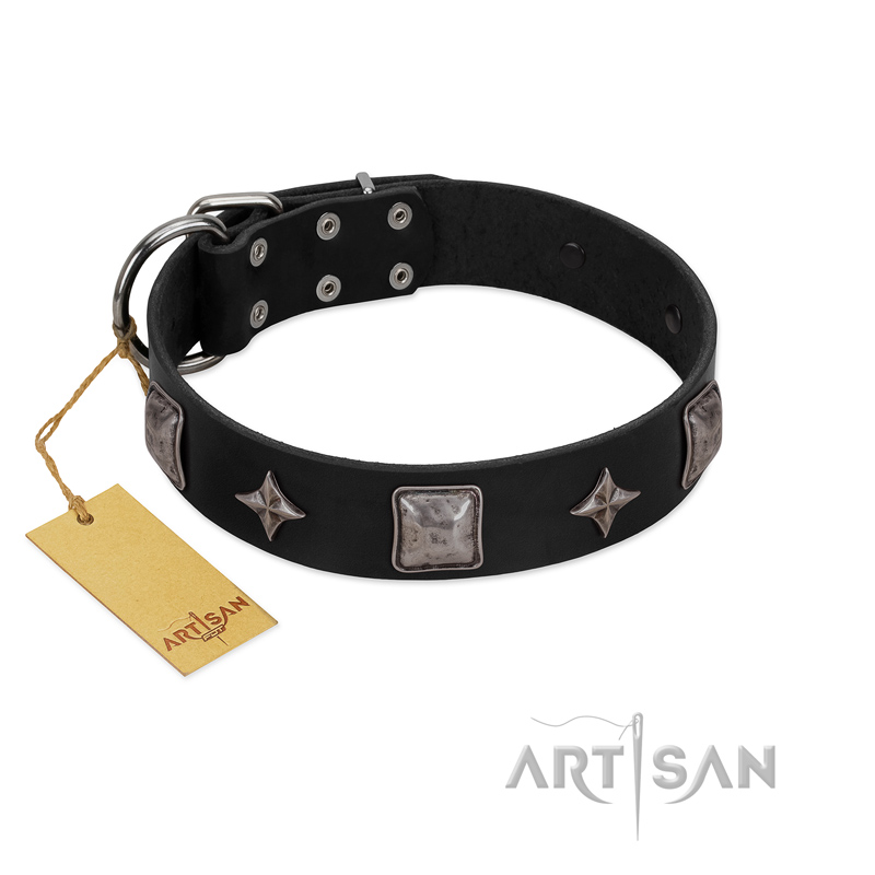 "Black Cavalier" Handmade FDT Artisan Black Leather Newfoundland Collar with Silver-Like Stars and Large Plates