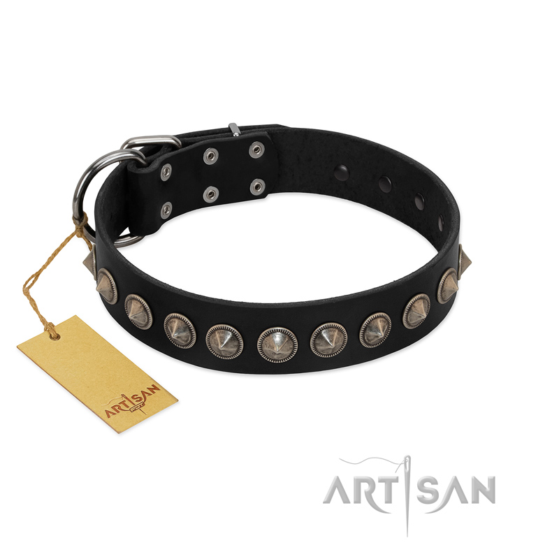 "Black Eagle" Handcrafted FDT Artisan Black Leather Newfoundland Collar with Silver-Like Adornments