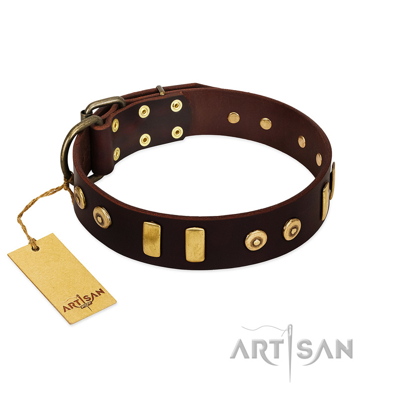 "Lord of Dogs" FDT Artisan Brown Leather Newfoundland Collar with Old Bronze-like Dotted Studs and Tiles