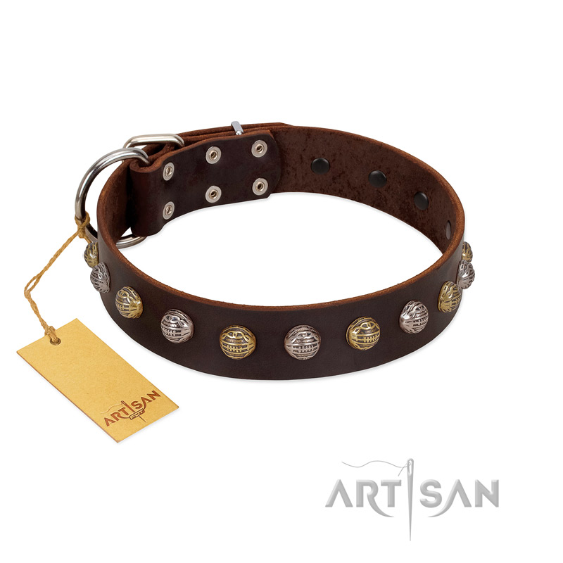 "Gape Buster" FDT Artisan Brown Leather Newfoundland Collar with One Row of Studs - Click Image to Close