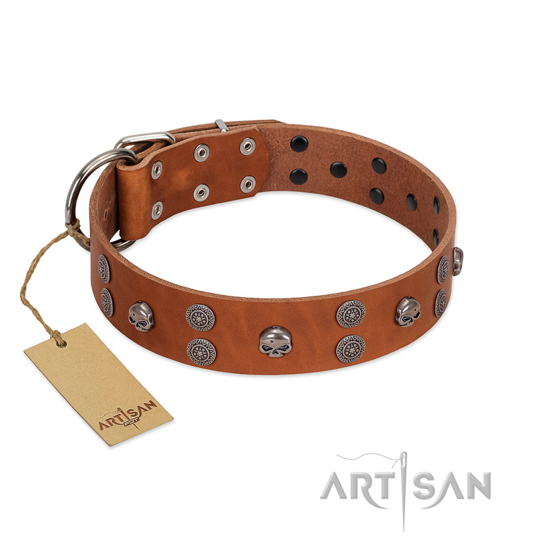 "Road Rider" FDT Artisan Tan Leather Newfoundland Collar with Old Silver-like Skulls and Medallions - Click Image to Close