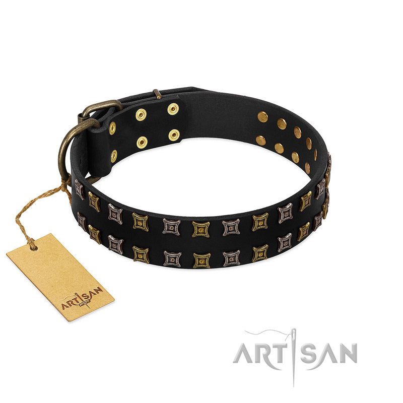 "Refined Pattern" FDT Artisan Black Leather Newfoundland Collar with Two Rows of Stunning Decorations