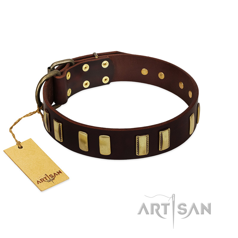 "Peace and Harmony" FDT Artisan Brown Leather Newfoundland Collar with Plates - Click Image to Close