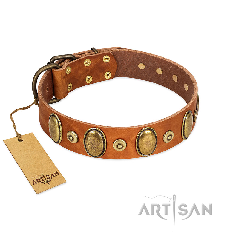 "Crystal Sand" FDT Artisan Tan Leather Newfoundland Collar with Vintage Looking Oval and Round Studs