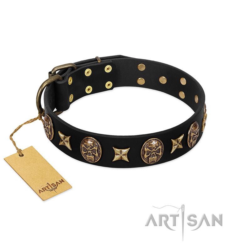"Starry Saga" FDT Artisan Black Leather Newfoundland Collar with Stars and Skulls