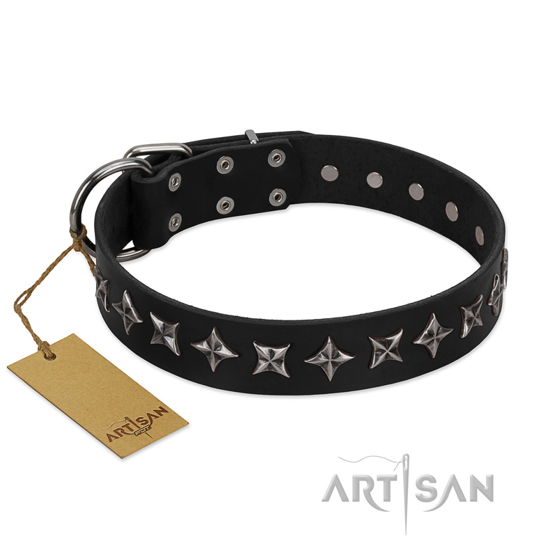 "Lights-out" FDT Artisan Black Leather Newfoundland Collar with Silver-like Set of Stars