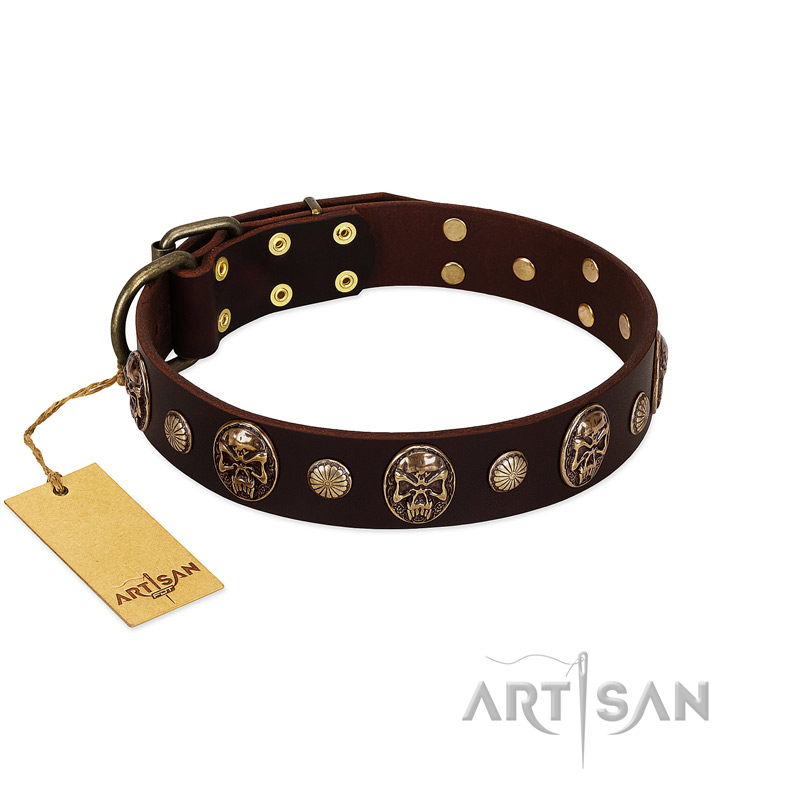 "Snazzy Paws" FDT Artisan Brown Leather Newfoundland Collar Adorned with Conchos and Medallions - Click Image to Close