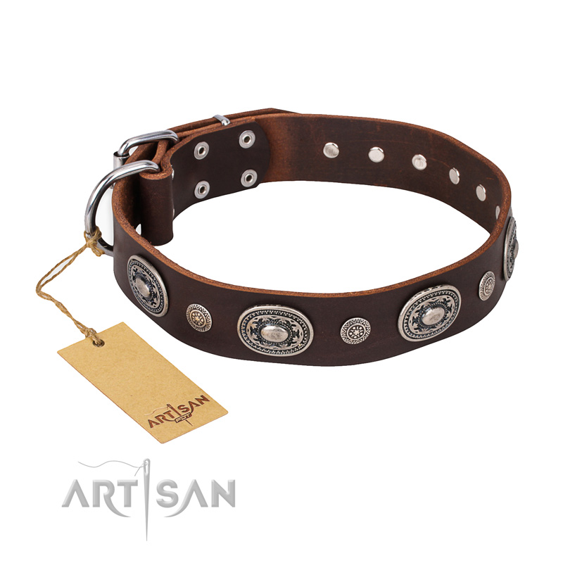 "Extra Pizzazz" FDT Artisan Adorned Brown Leather Newfoundland Collar