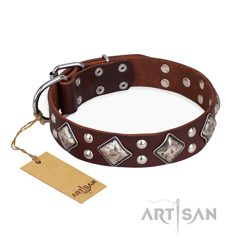 "King of Grace" FDT Artisan Stylish Leather Newfoundland Collar with Old Silver-Like Plated Decorations
