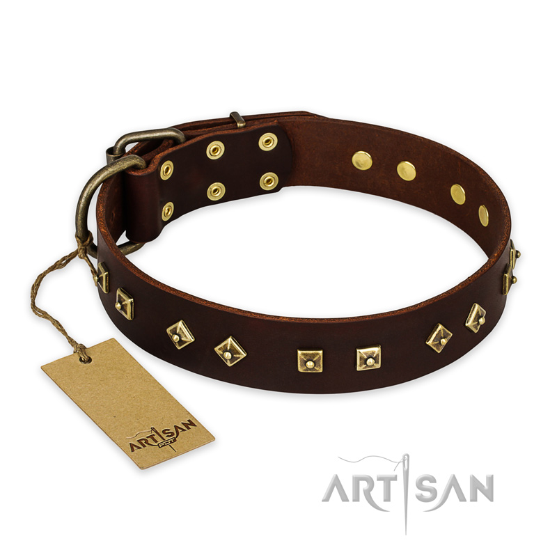 "Fashion Studs" FDT Artisan Decorated Leather Newfoundland Collar with Old Bronze-Plated Steel Hardware - Click Image to Close