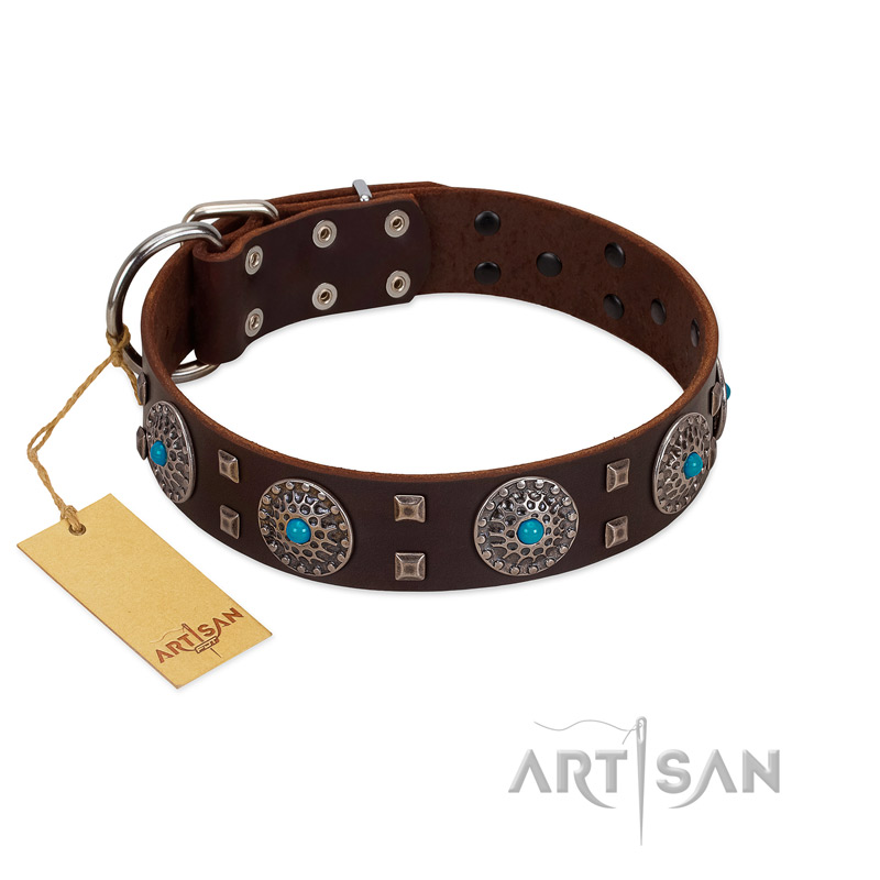"Hypnotic Stones" FDT Artisan Brown Leather Newfoundland Collar with Chrome Plated Brooches and Square Studs